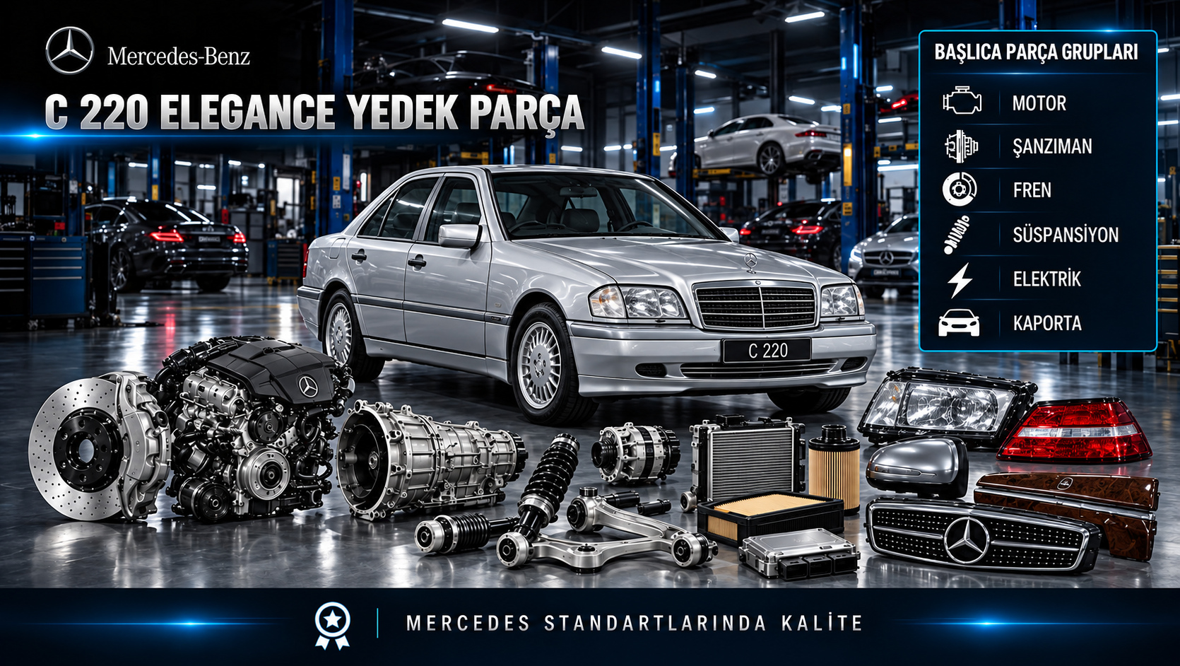 Mercedes-Benz C 220 Elegance için motor, bakım, şanzıman, fren, süspansiyon ve iç trim parçalarını gösteren kategori görseli