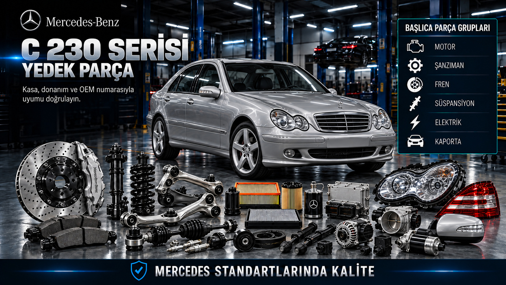 Mercedes C 230 benzinli motor, ateşleme, şanzıman, fren ve gövde parçaları