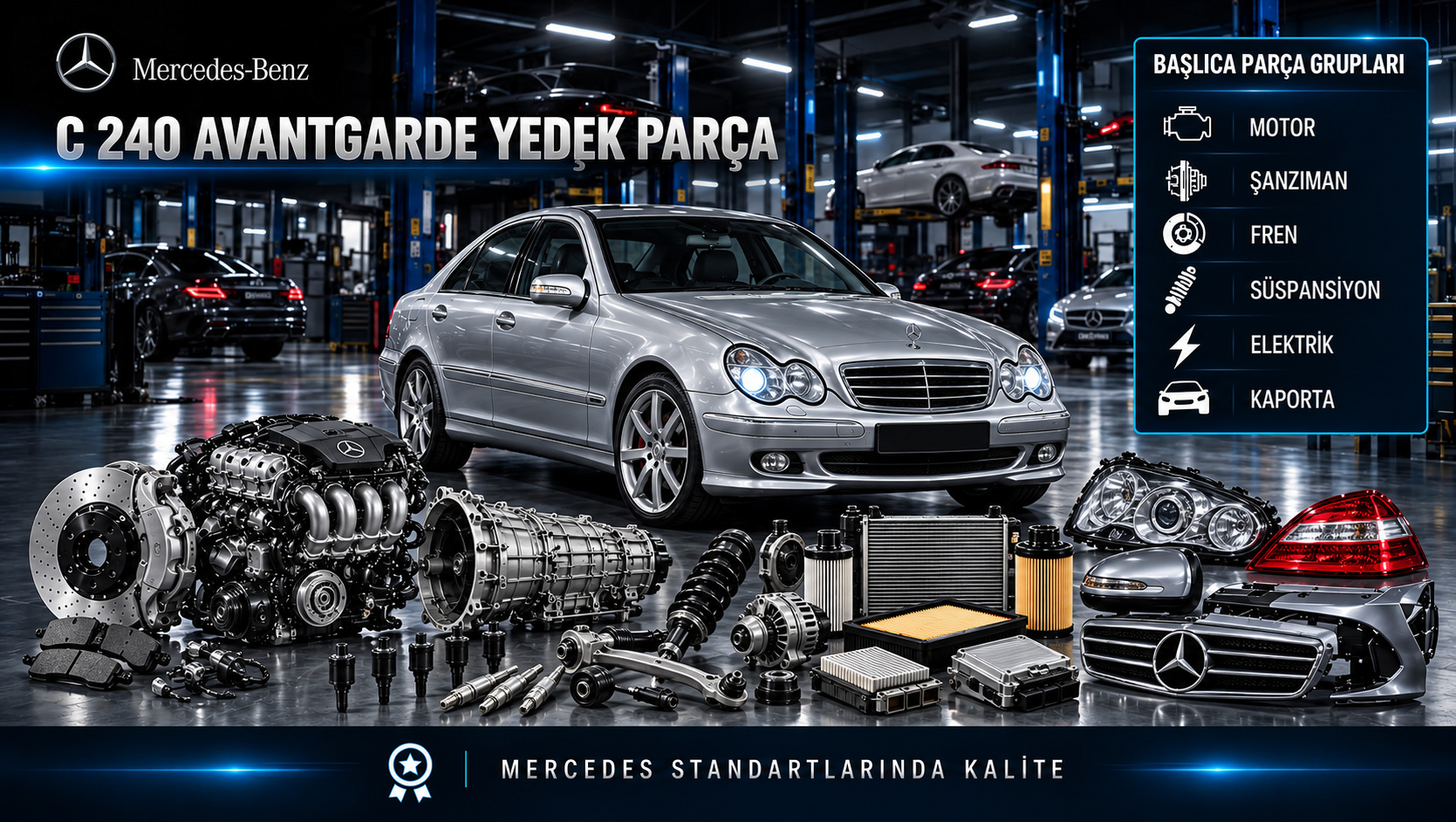 Mercedes-Benz C 240 Avantgarde için benzinli motor, ateşleme, bakım, fren, süspansiyon ve trim parçalarını gösteren kategori görseli