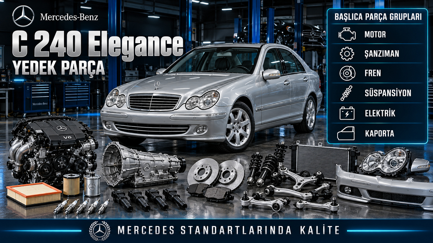 Mercedes C 240 Elegance motor, ateşleme, fren, süspansiyon ve gövde parçaları
