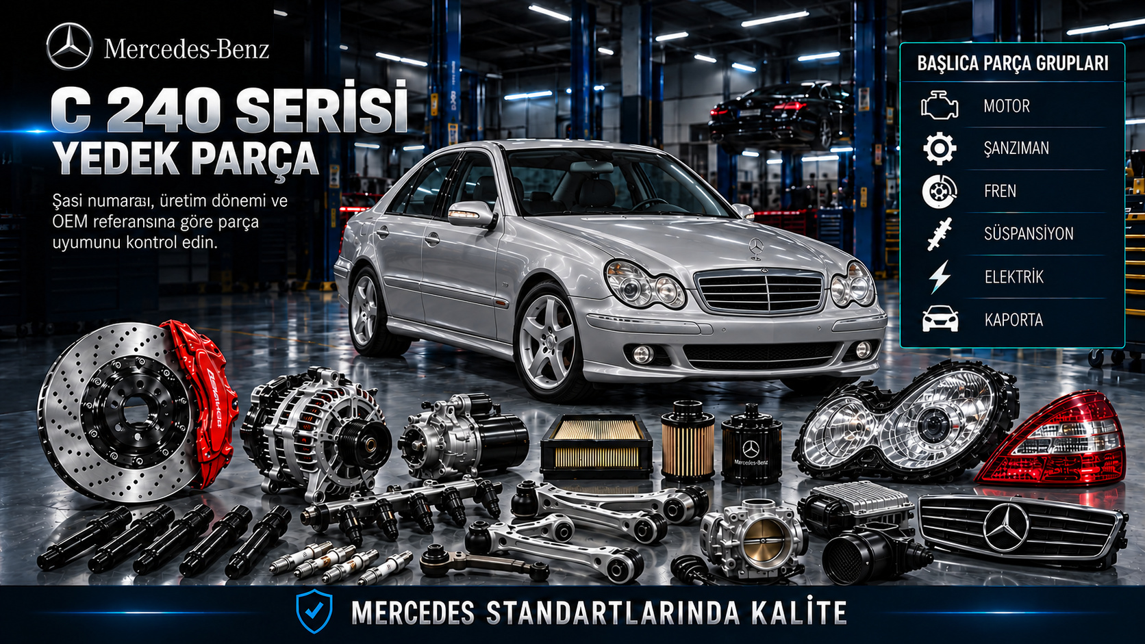 Mercedes C 240 benzinli motor, buji, bobin, yakıt, fren ve gövde parçaları