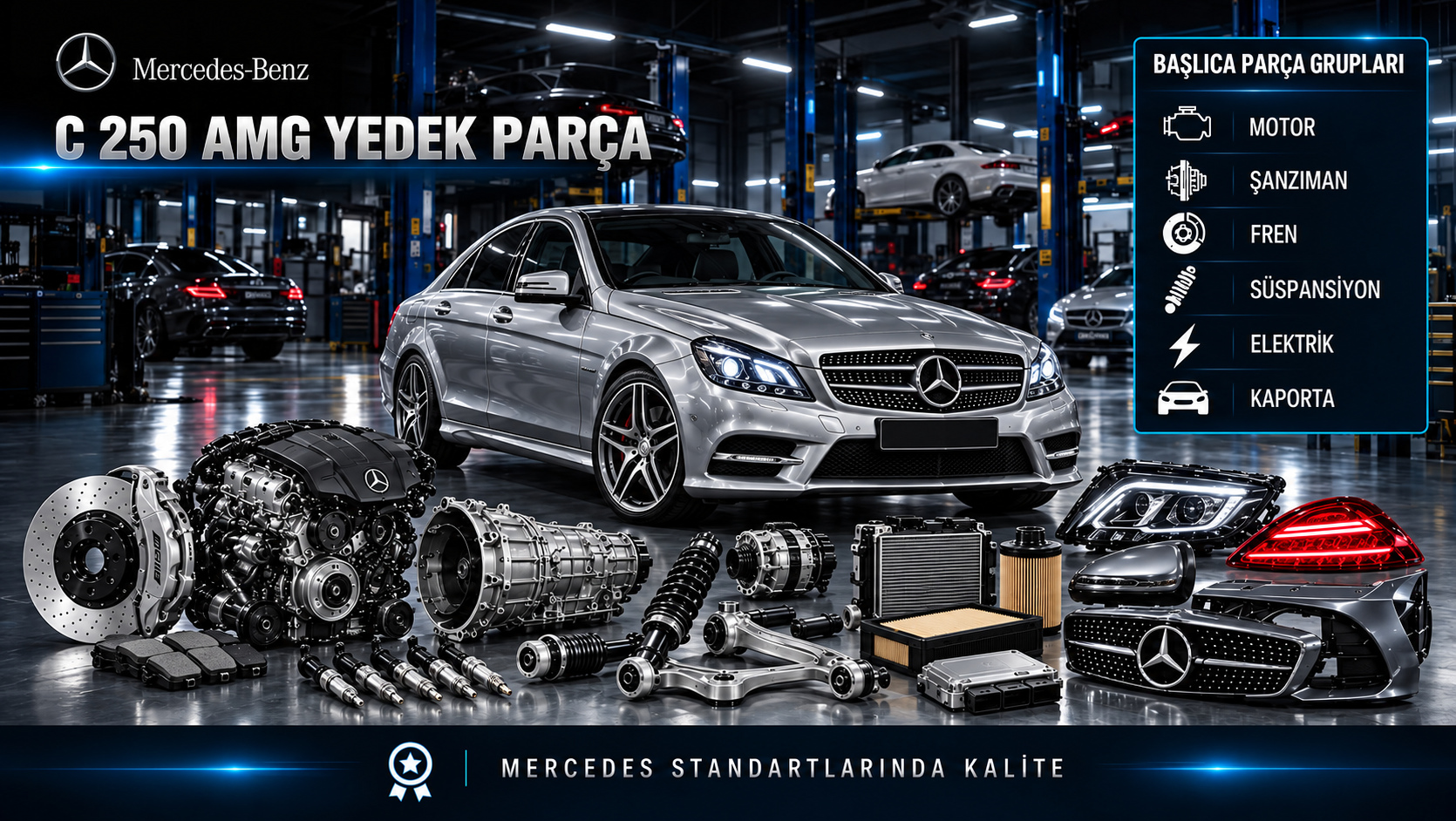 Mercedes-Benz C 250 AMG için motor, ateşleme, bakım, fren, süspansiyon ve AMG gövde parçalarını gösteren kategori görseli