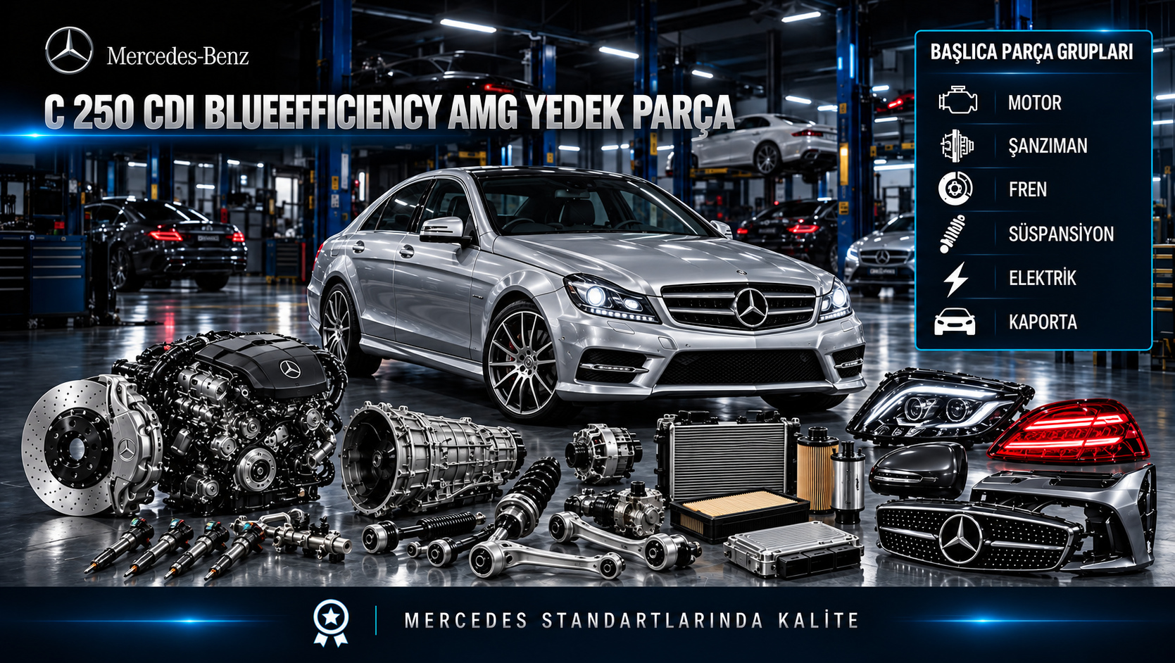 Mercedes-Benz C 250 CDI BlueEfficiency AMG için dizel motor, yakıt, bakım, soğutma, fren ve AMG gövde parçalarını gösteren kategori görseli