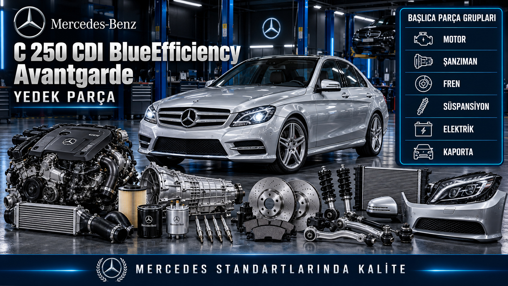 Mercedes C 250 CDI BlueEfficiency Avantgarde dizel motor, filtre, fren ve yürüyen aksam parçaları