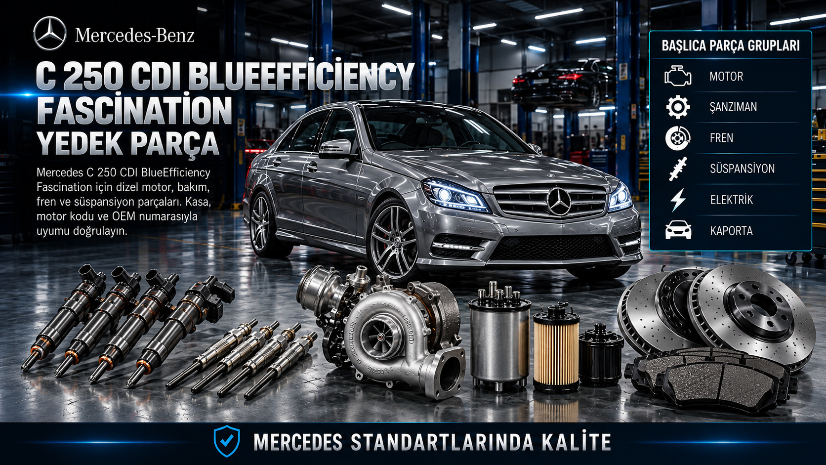 Mercedes-Benz C 250 CDI BlueEfficiency Fascination dizel motor, enjeksiyon, bakım, fren ve süspansiyon parçaları