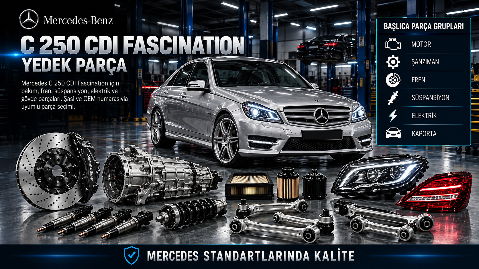 Mercedes C 250 CDI Fascination dizel motor, enjektör, turbo bağlantıları, şanzıman, fren ve süspansiyon parçaları