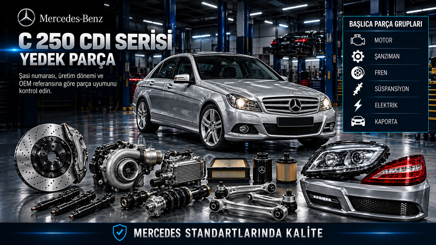 Mercedes C 250 CDI dizel motor, enjektör, şanzıman, fren ve gövde parçaları