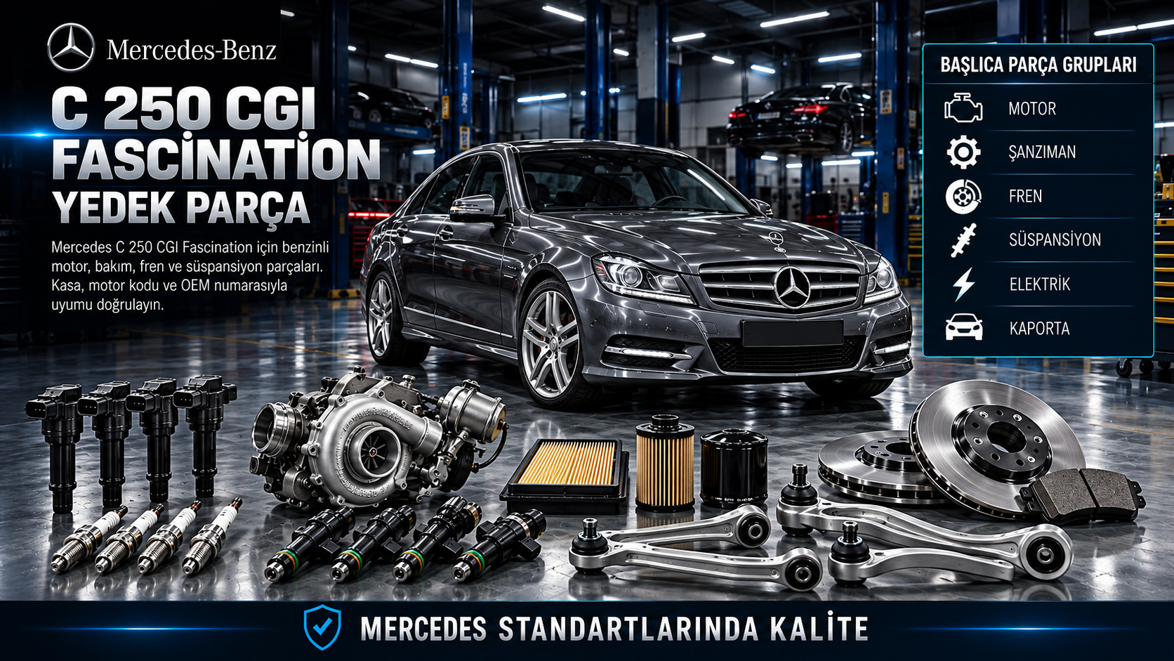 Mercedes-Benz C 250 CGI Fascination için motor, ateşleme, bakım, fren ve süspansiyon parçalarını gösteren temsili kategori görseli