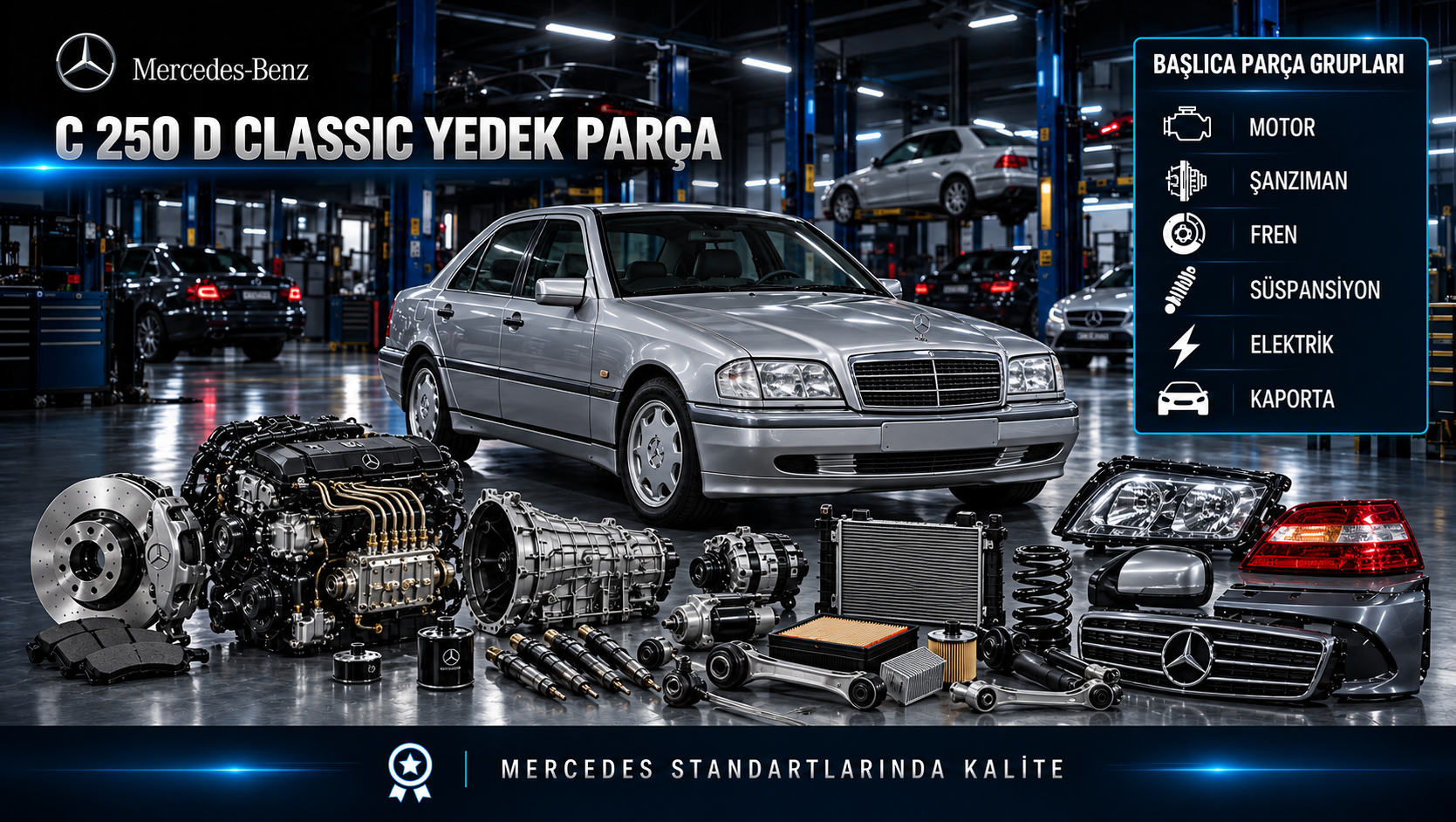 Mercedes-Benz C 250 D Classic için dizel motor, bakım, yakıt, fren, süspansiyon ve klasik gövde parçalarını gösteren kategori görseli