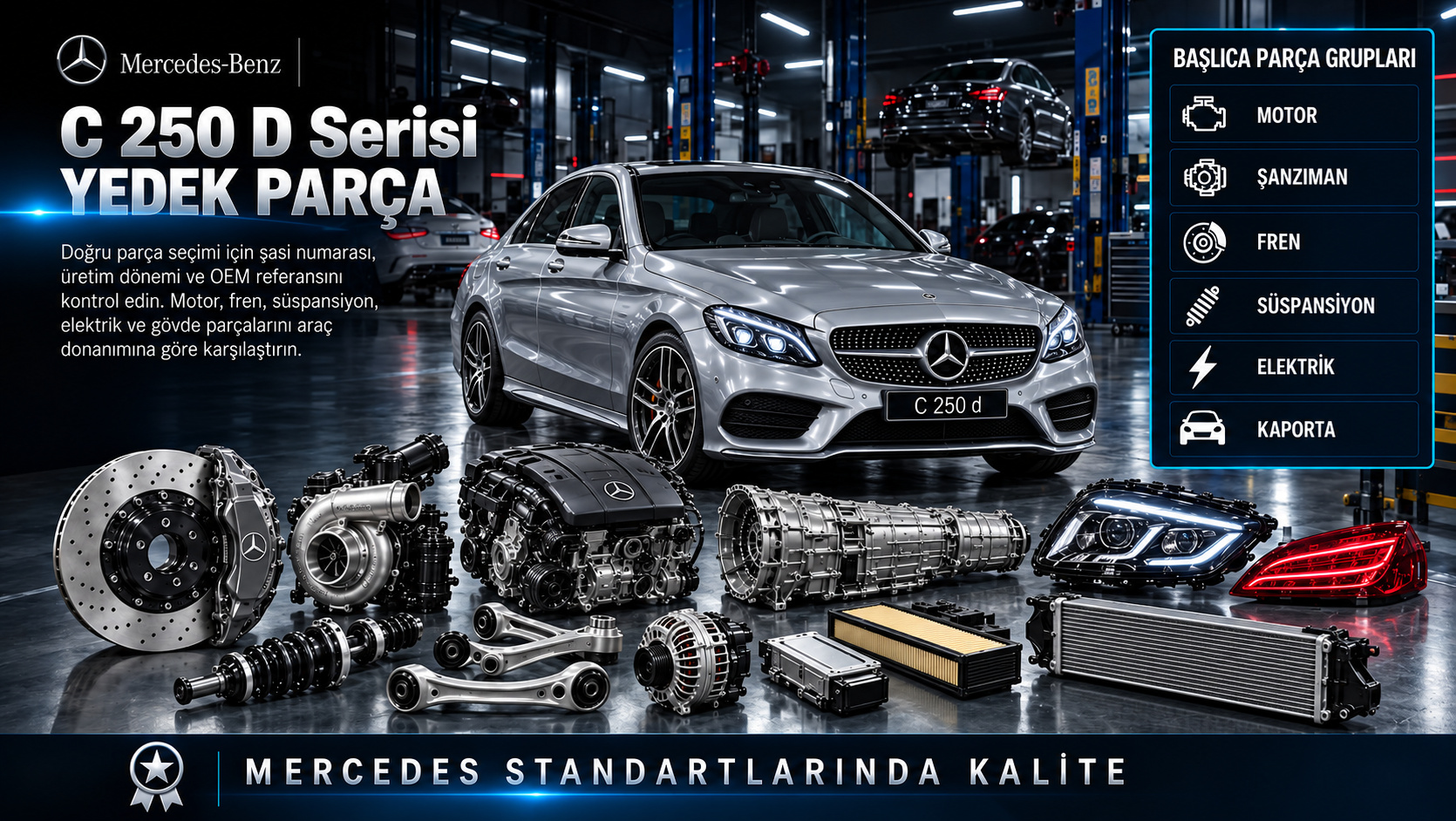 Mercedes C 250 D Serisi dizel motor, şanzıman, fren ve süspansiyon yedek parçaları