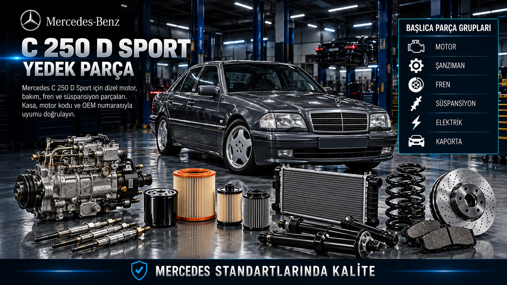 Mercedes-Benz C 250 D Sport dizel motor, bakım, yakıt, fren, yay ve amortisör parçaları