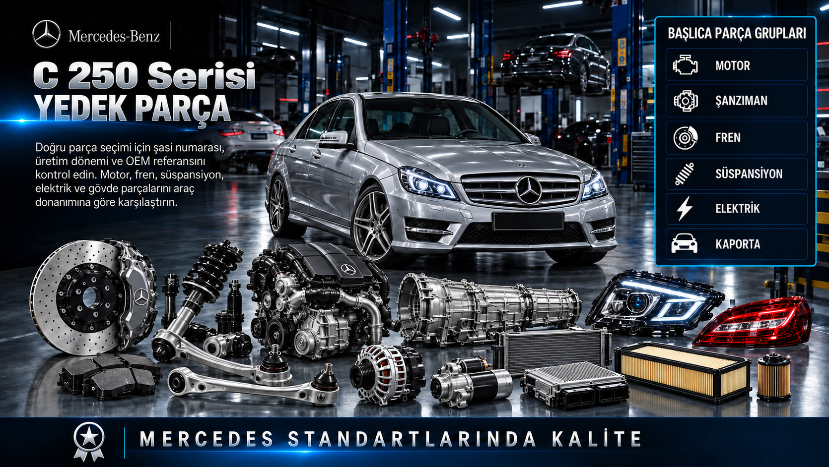Mercedes C 250 Serisi Yedek Parça: motor, aktarma, fren, süspansiyon ve gövde parçaları