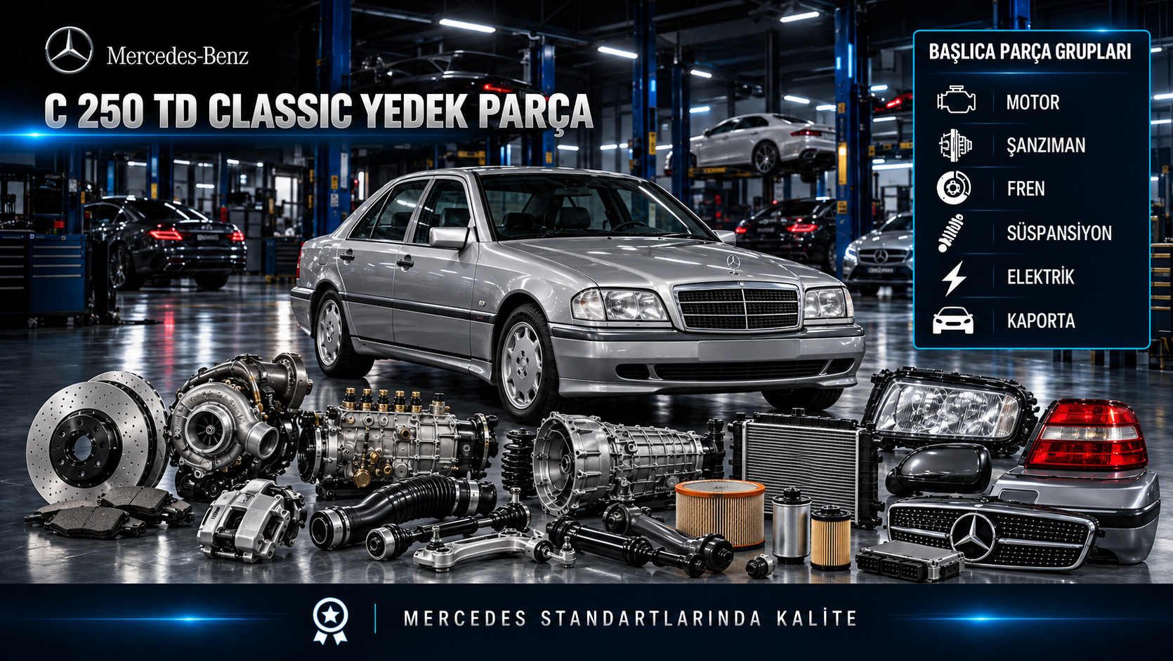 Mercedes-Benz C 250 TD Classic için turbo dizel motor, yakıt, soğutma, bakım, fren ve gövde parçalarını gösteren kategori görseli