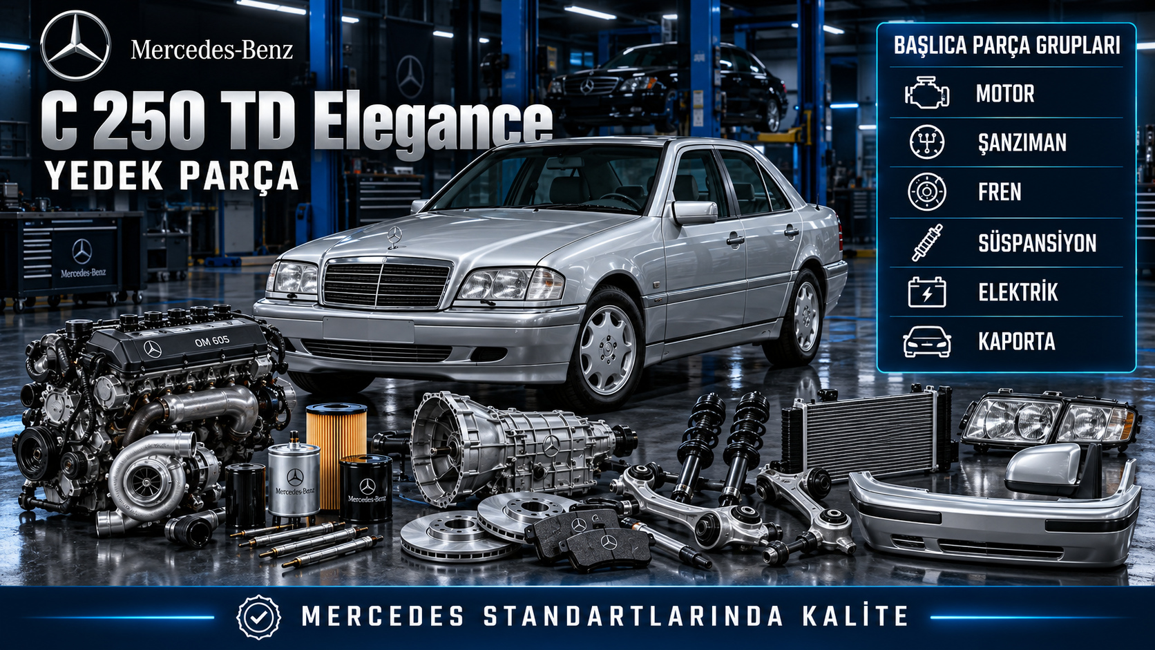 Mercedes C 250 TD Elegance turbo dizel motor, hava hattı, fren ve süspansiyon parçaları