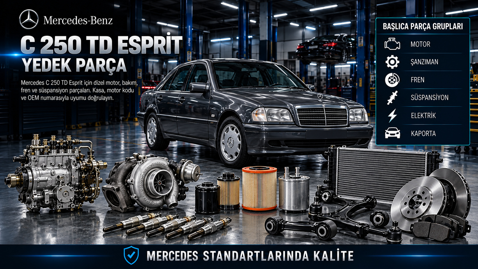 Mercedes-Benz C 250 TD Esprit dizel motor, yakıt, soğutma, fren, süspansiyon ve gövde parçaları
