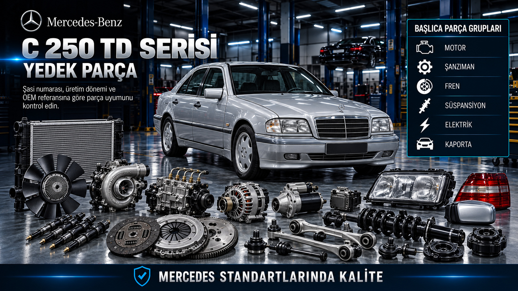 Mercedes C 250 TD Serisi turbo dizel motor, yakıt, şanzıman, fren ve süspansiyon yedek parçaları