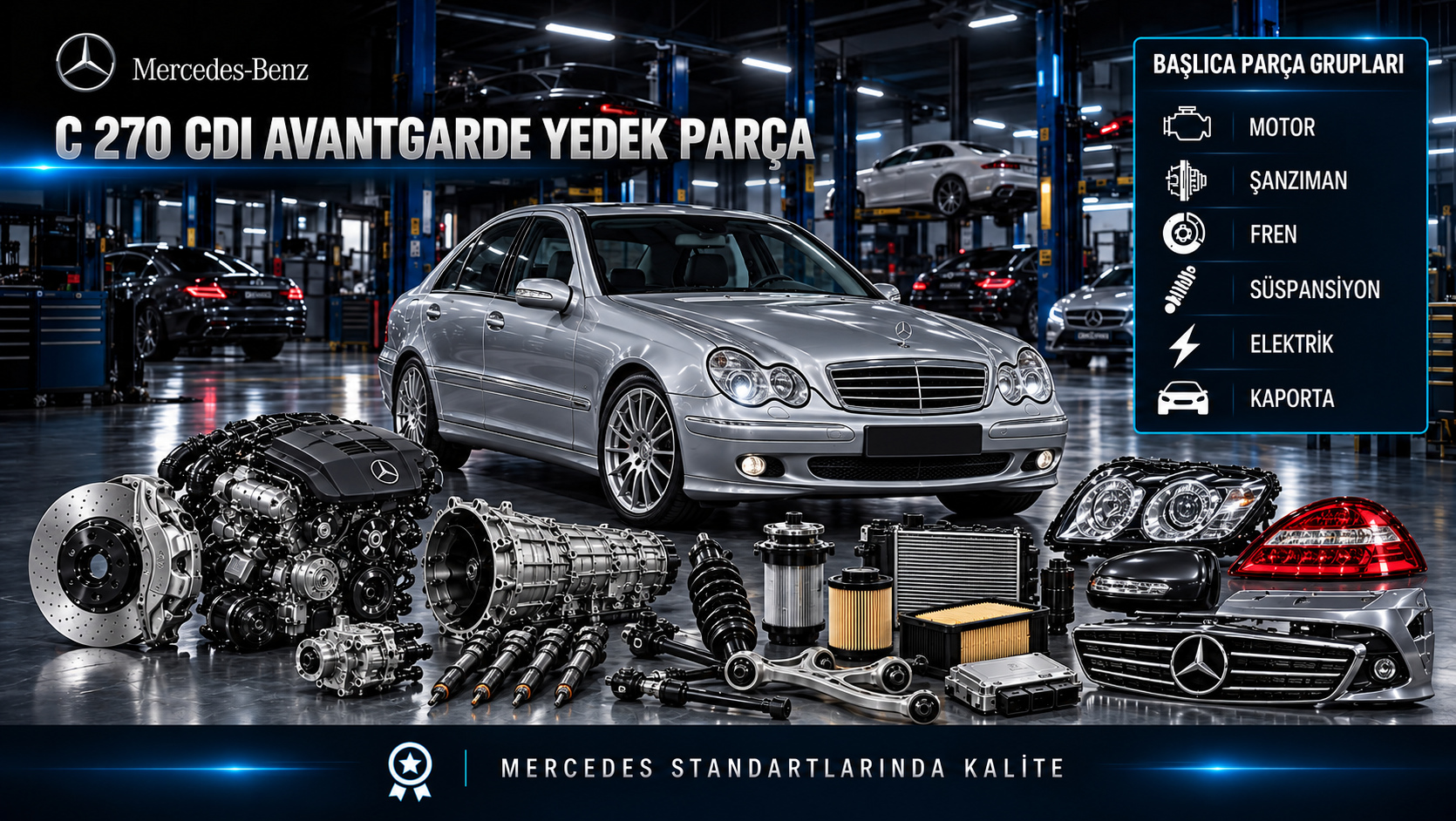 Mercedes-Benz C 270 CDI Avantgarde için dizel motor, enjektör, filtre, soğutma, fren ve gövde parçalarını gösteren kategori görseli