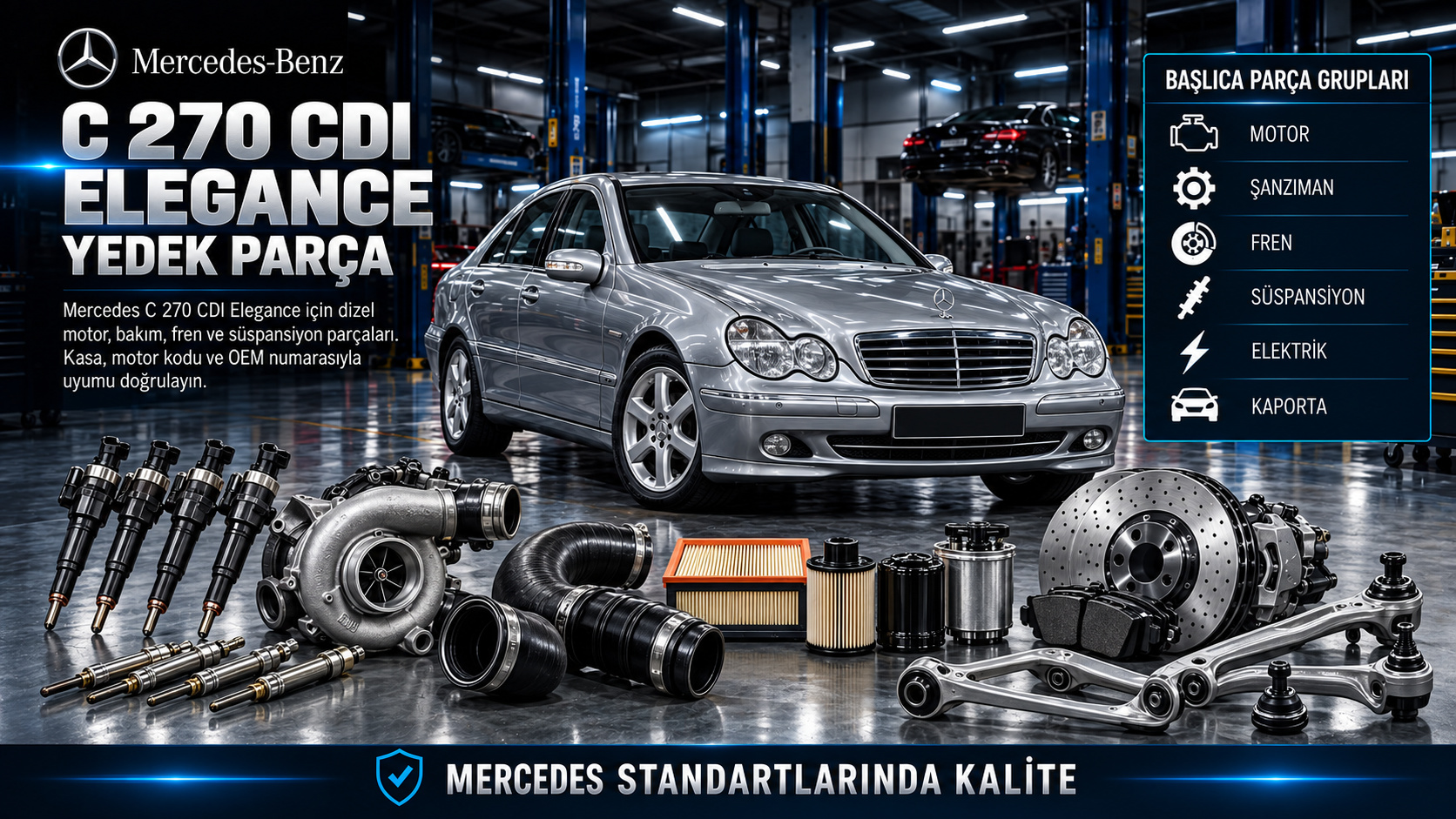 Mercedes-Benz C 270 CDI Elegance dizel motor, enjeksiyon, bakım, fren, süspansiyon ve aydınlatma parçaları