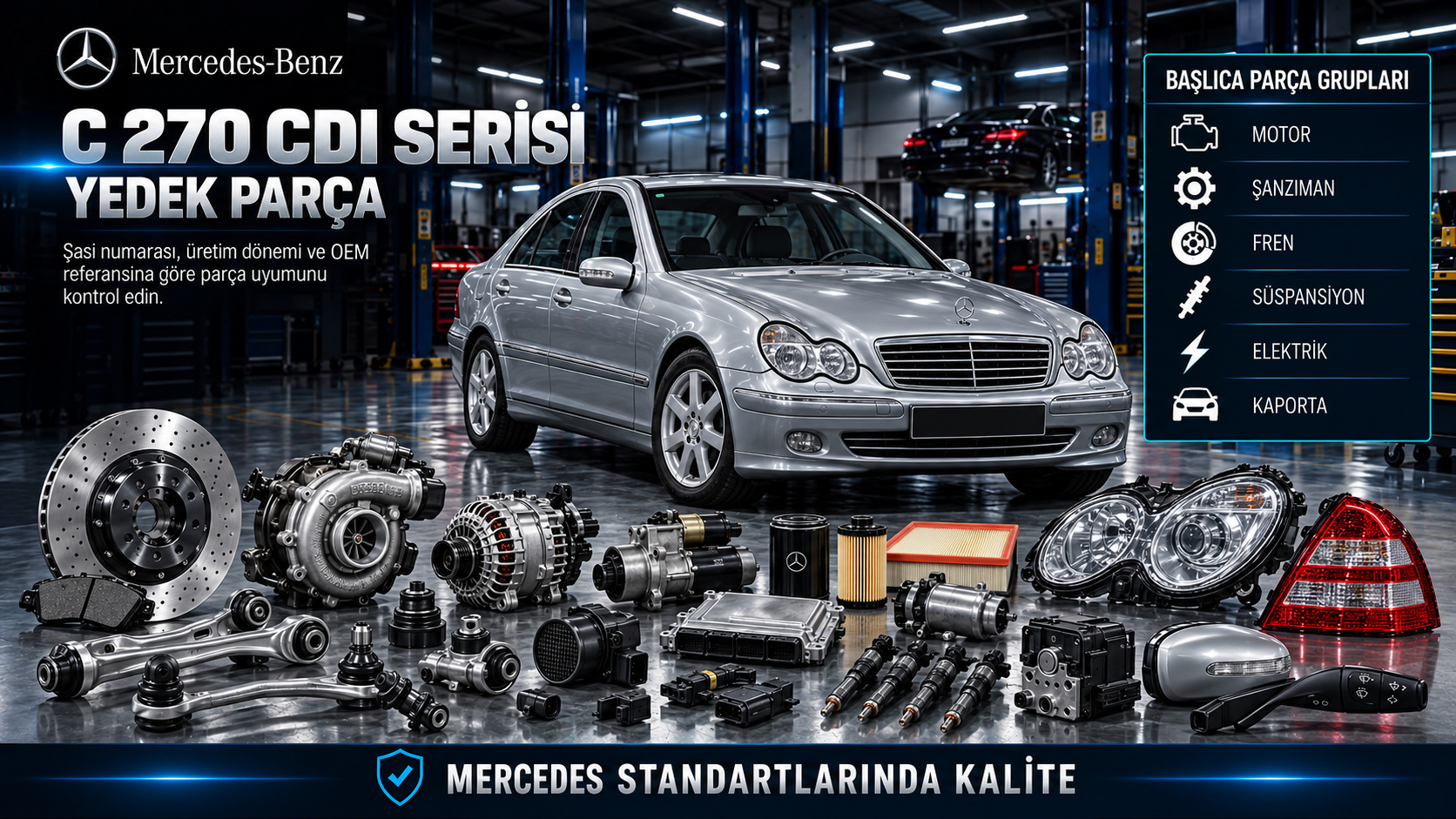 Mercedes C 270 CDI Serisi dizel motor, enjektör, turbo, şanzıman, fren ve süspansiyon parçaları