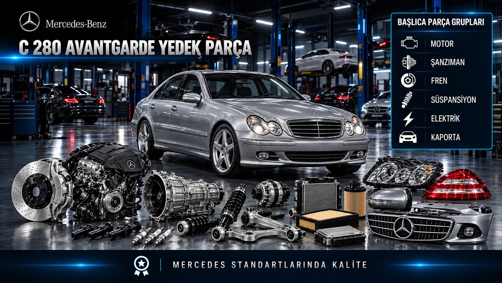 Mercedes-Benz C 280 Avantgarde için benzinli motor, buji, bobin, bakım, fren ve konfor parçalarını gösteren kategori görseli