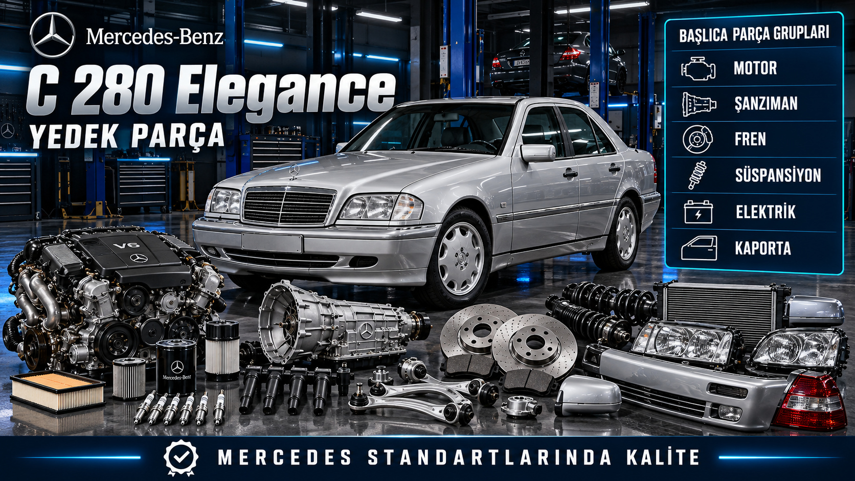 Mercedes C 280 Elegance motor, ateşleme, fren, aktarma ve gövde parçaları