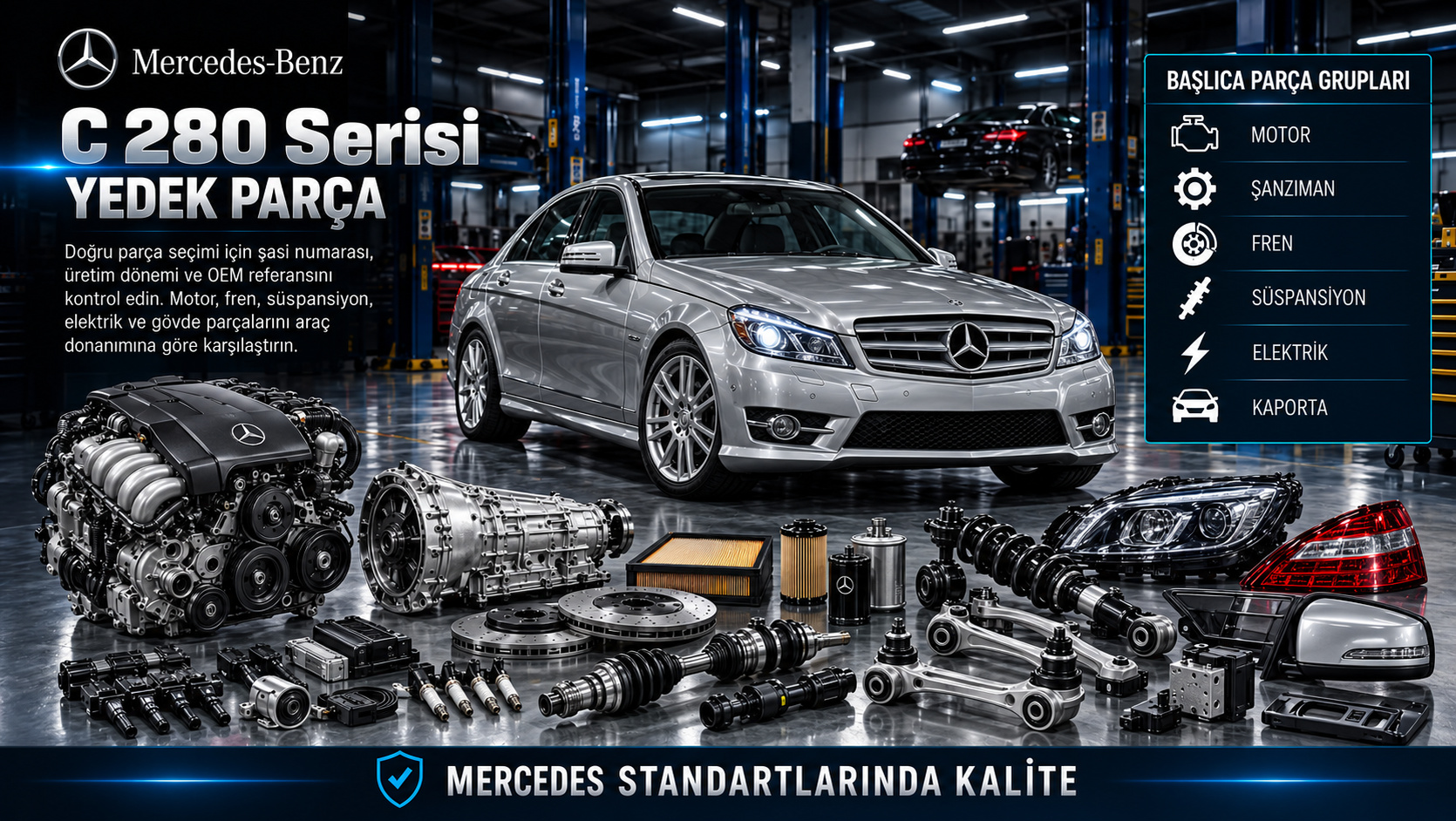 Mercedes C 280 benzinli motor, ateşleme, şanzıman ve süspansiyon parçaları