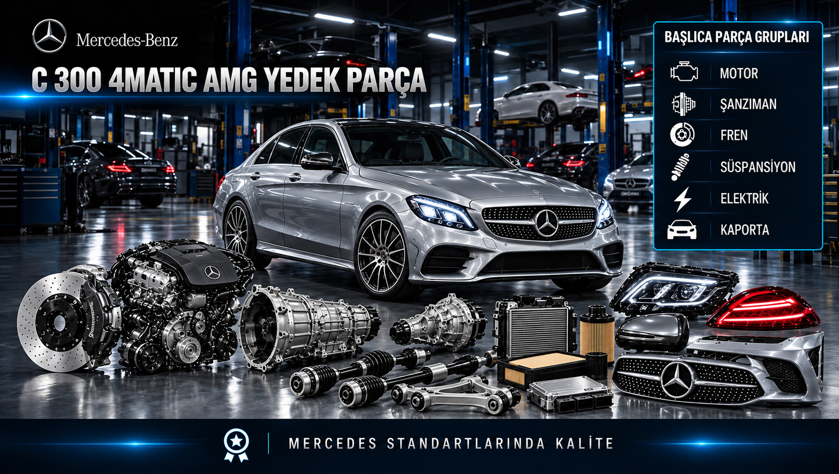 Mercedes-Benz C 300 4MATIC AMG için motor, dört tekerlekten çekiş, fren, süspansiyon ve AMG gövde parçalarını gösteren kategori görseli