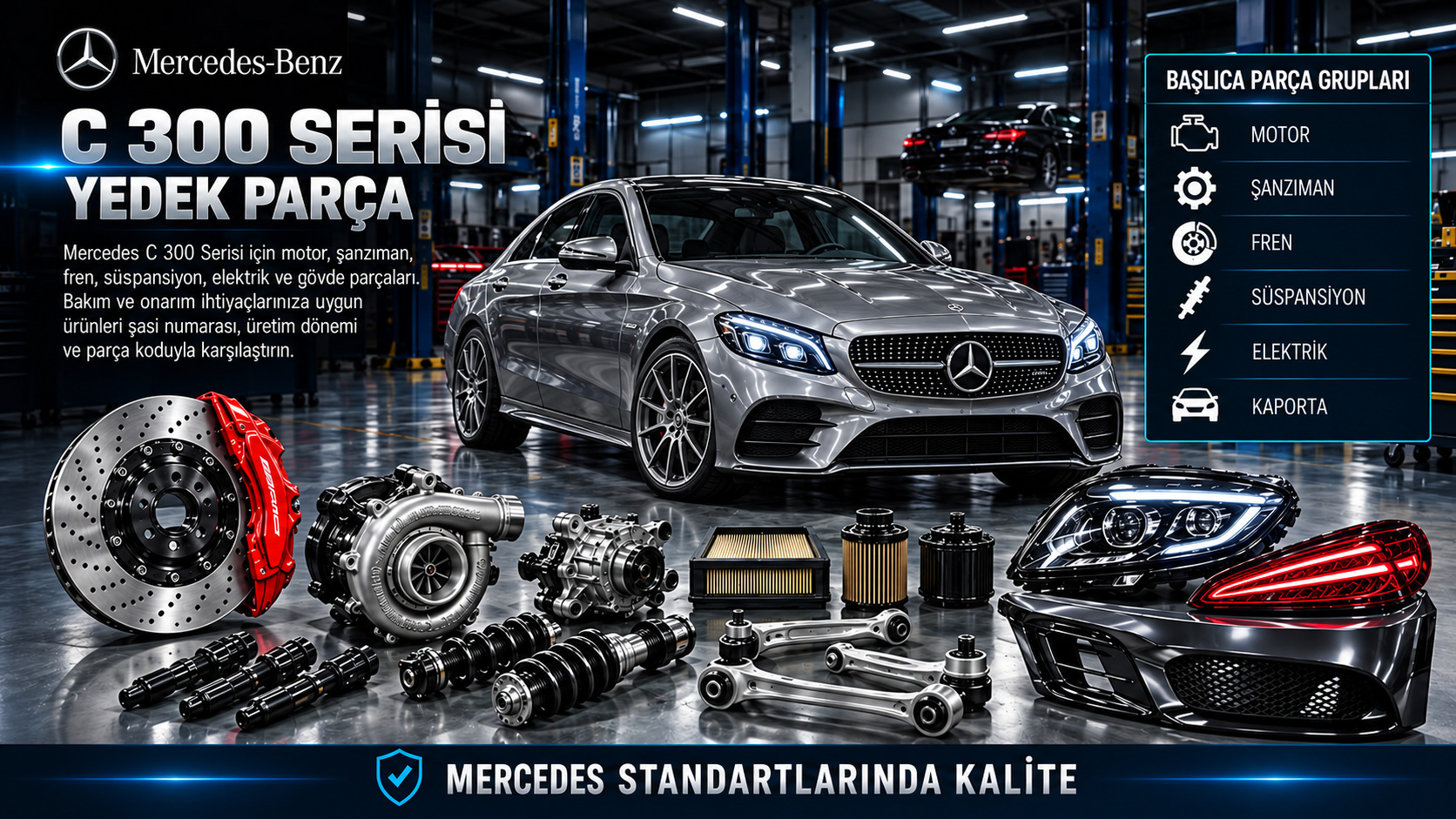 Mercedes C 300 Serisi motor, aktarma, fren, süspansiyon ve elektrik parçaları