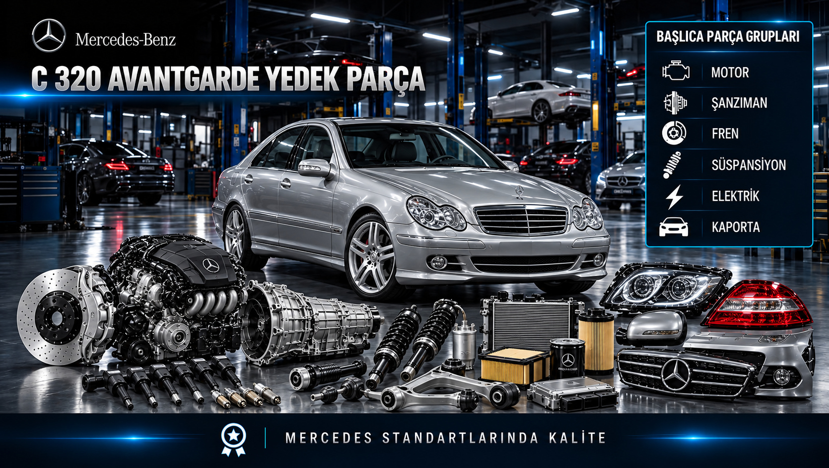 Mercedes-Benz C 320 Avantgarde için benzinli motor, ateşleme, bakım, şanzıman, fren ve gövde parçalarını gösteren kategori görseli