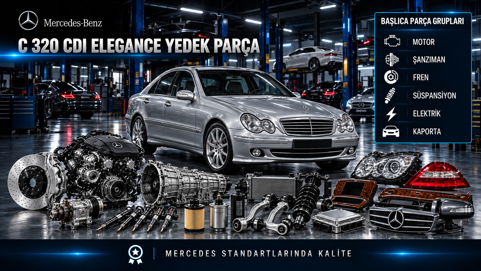 Mercedes-Benz C 320 CDI Elegance için dizel motor, yakıt, filtre, şanzıman, fren ve konfor parçalarını gösteren kategori görseli