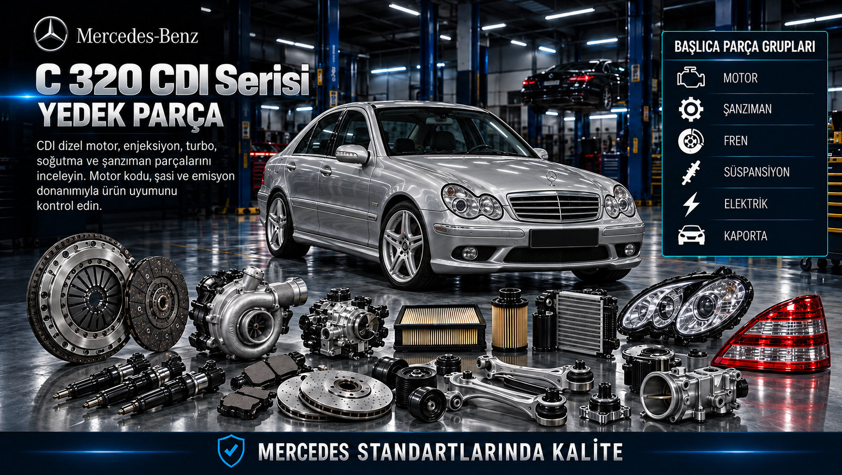 Mercedes C 320 CDI dizel motor, enjeksiyon, turbo, şanzıman ve süspansiyon parçaları