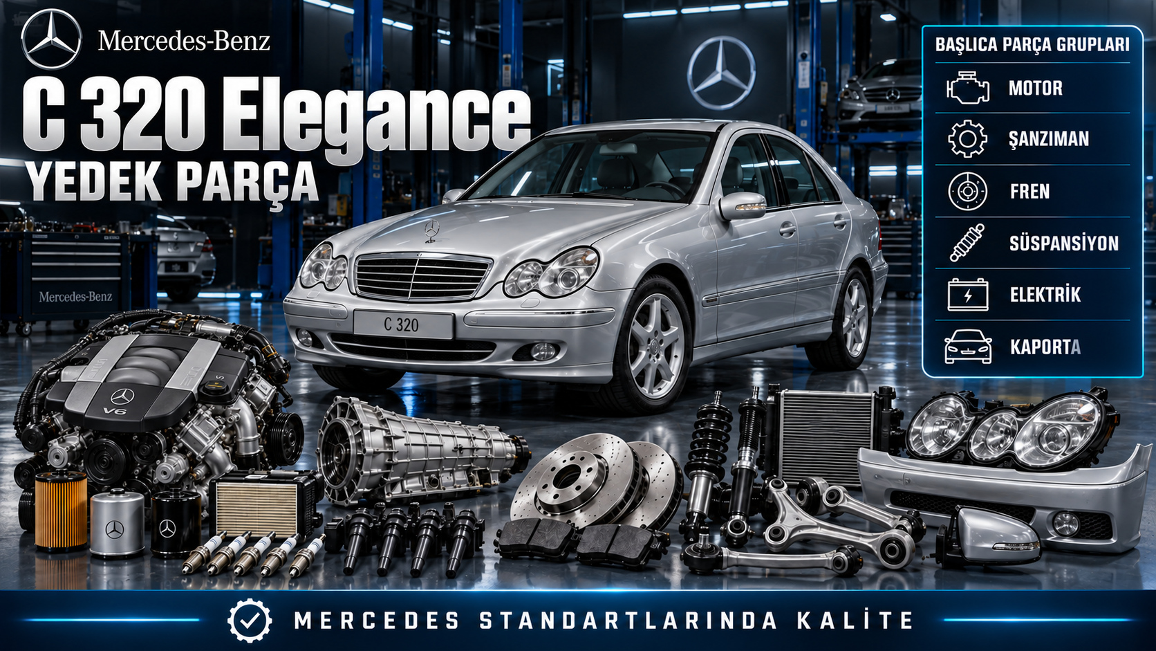 Mercedes C 320 Elegance motor, ateşleme, soğutma, fren ve süspansiyon parçaları