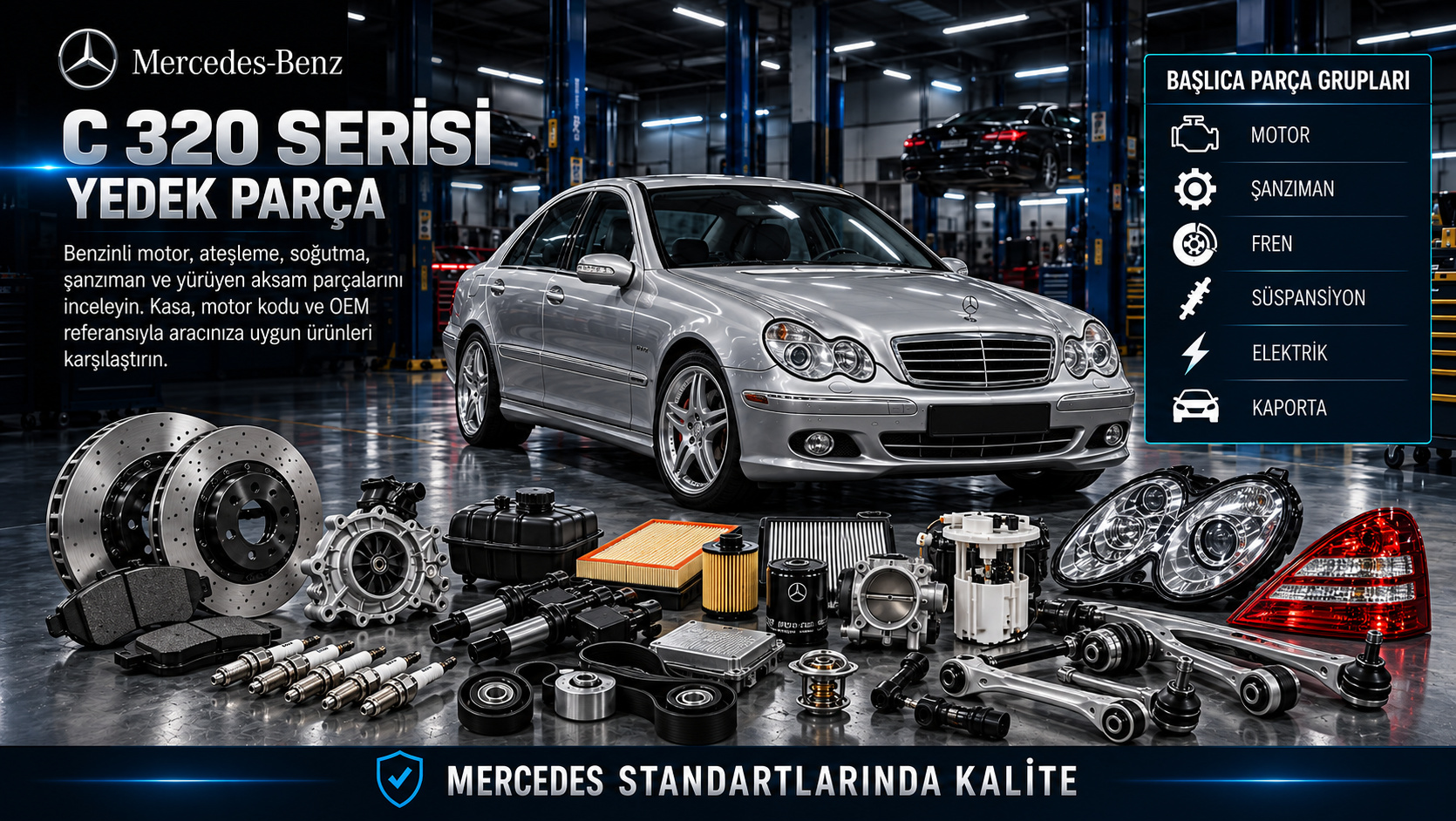 Mercedes C 320 Serisi benzinli motor, ateşleme, şanzıman, fren ve süspansiyon parçaları