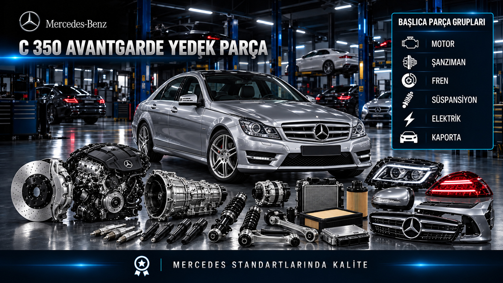 Mercedes-Benz C 350 Avantgarde için motor, ateşleme, bakım, soğutma, fren ve gövde parçalarını gösteren kategori görseli