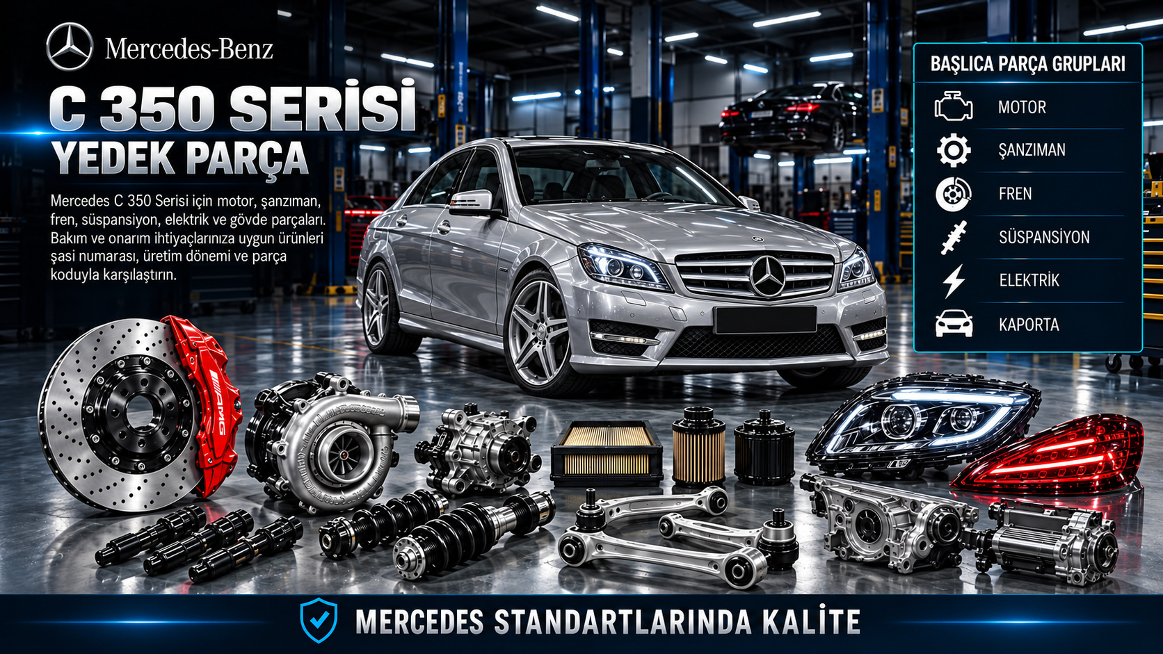 Mercedes C 350 Serisi motor, aktarma, fren, süspansiyon ve gövde parçaları