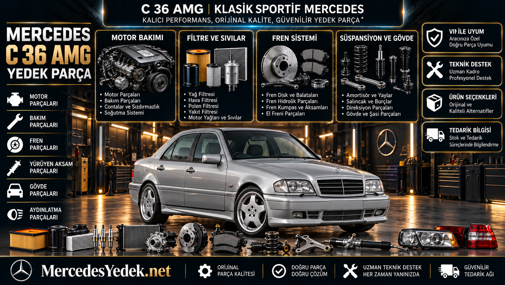 Mercedes-Benz C 36 AMG yedek parça ve bakım ürünlerini gösteren kategori bannerı
