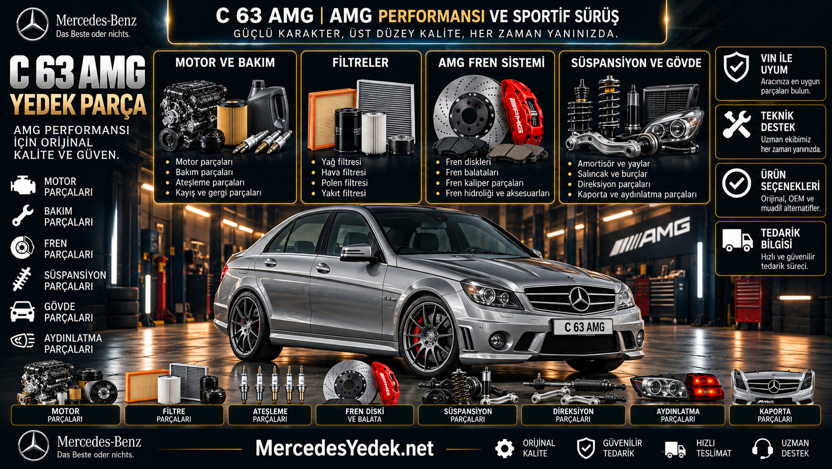 Mercedes-Benz C 63 AMG yedek parça ve performans ürünlerini gösteren kategori bannerı