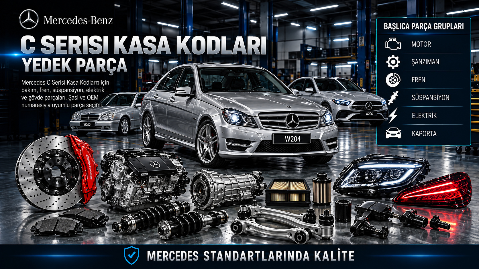 Mercedes C Serisi kasa kodları ve kasa tipine göre motor, fren, süspansiyon, aydınlatma ve gövde parçası seçimi