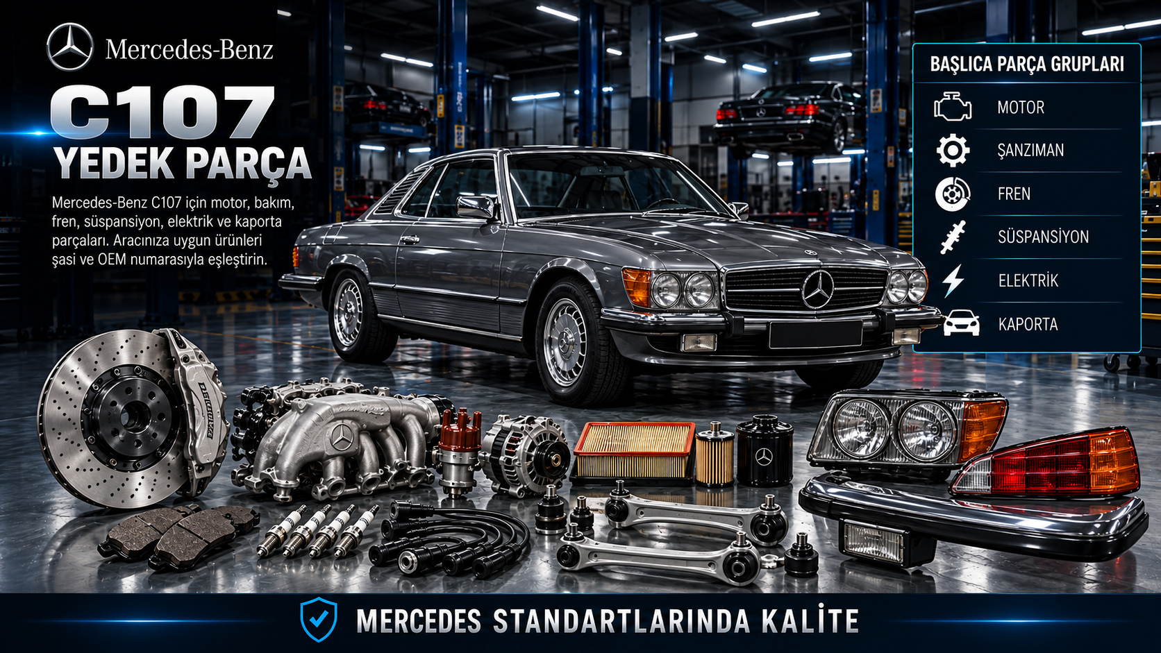 Mercedes-Benz C107 SLC coupe için klasik motor, fren, süspansiyon ve coupe gövde parçaları
