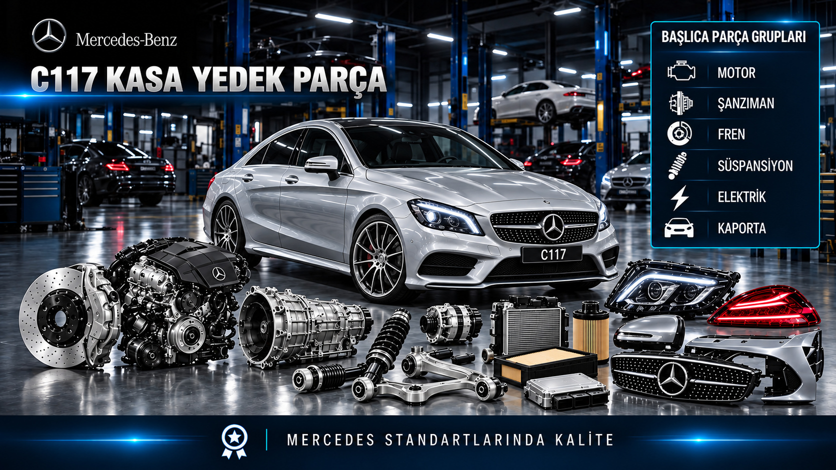 Mercedes CLA C117 motor, bakım, fren, süspansiyon, aktarma ve dört kapılı coupe parçaları