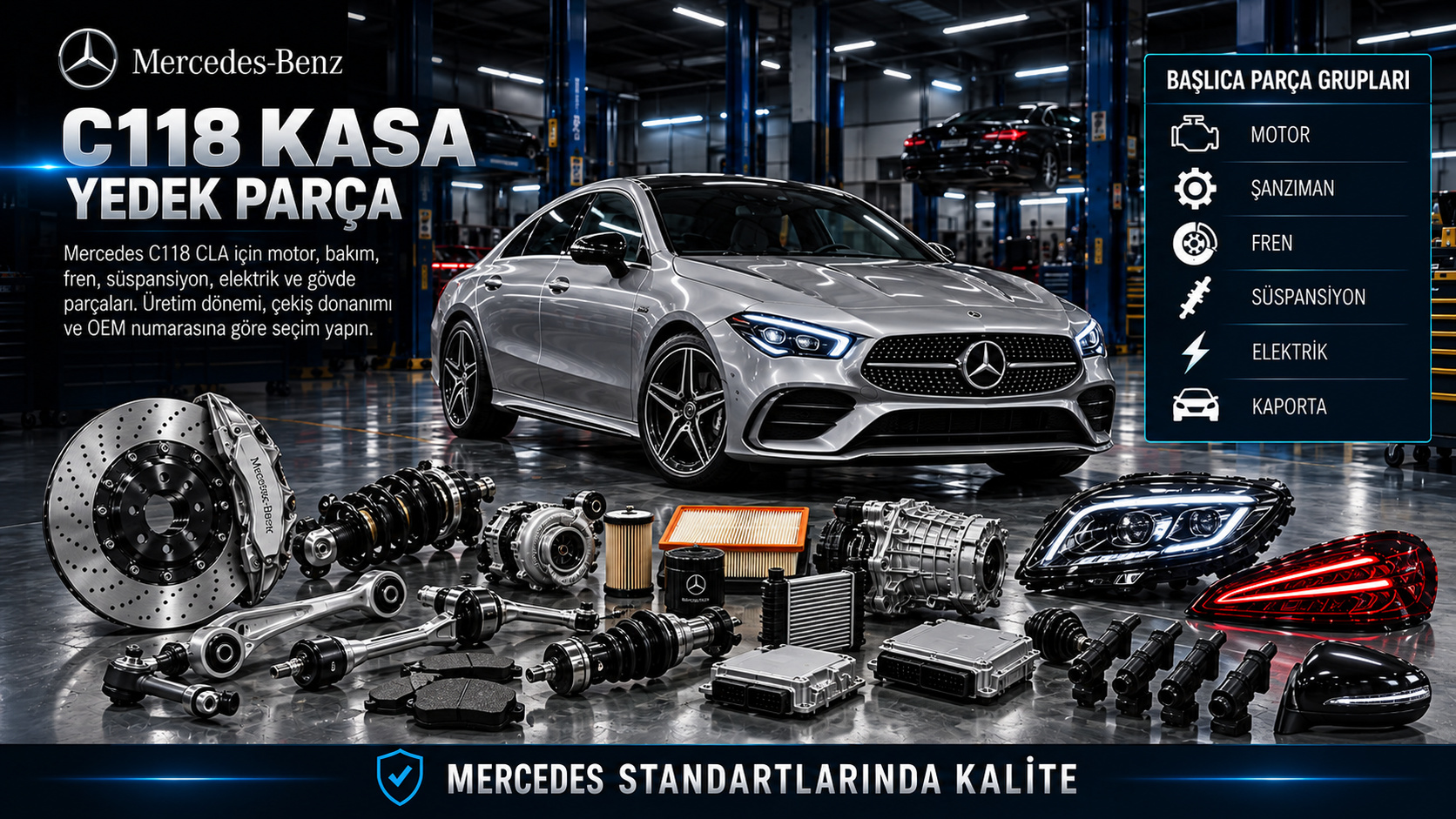 Mercedes C118 CLA için motor, fren, süspansiyon, aktarma ve gövde parçaları