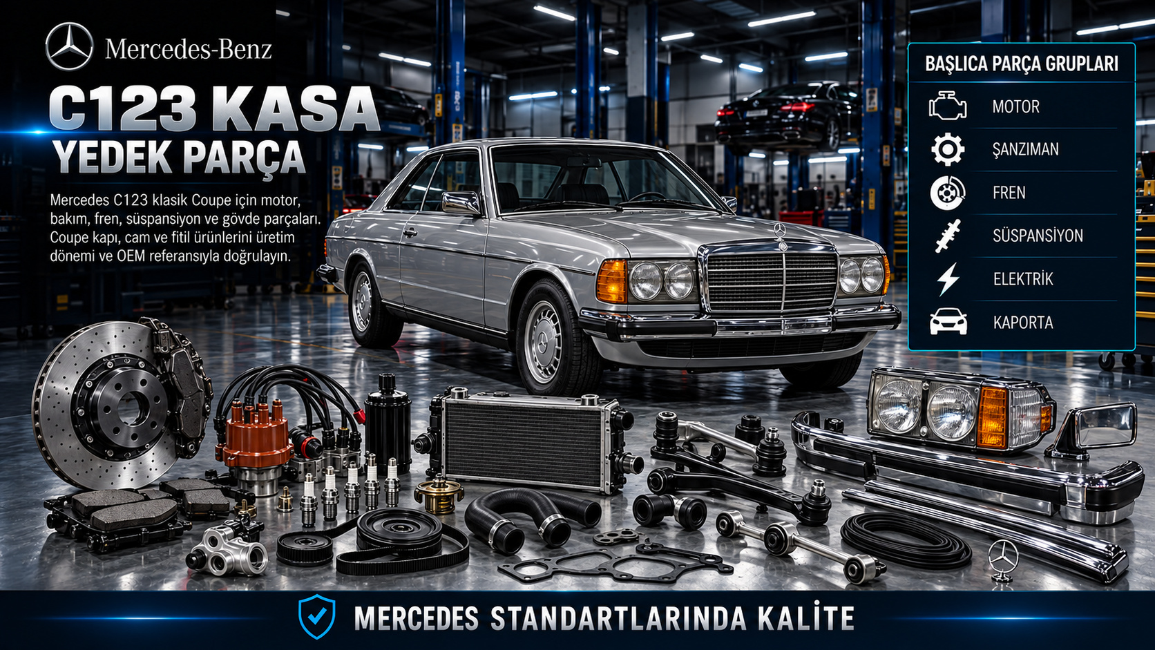 Mercedes C123 klasik Coupe için motor, fren, süspansiyon, fitil ve krom parçaları