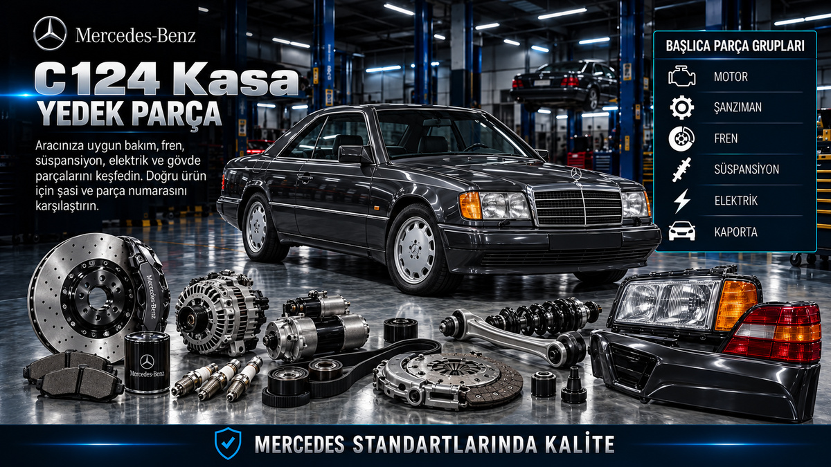 Mercedes C124 klasik coupé, motor, fren, süspansiyon, cam, fitil ve restorasyon parçaları