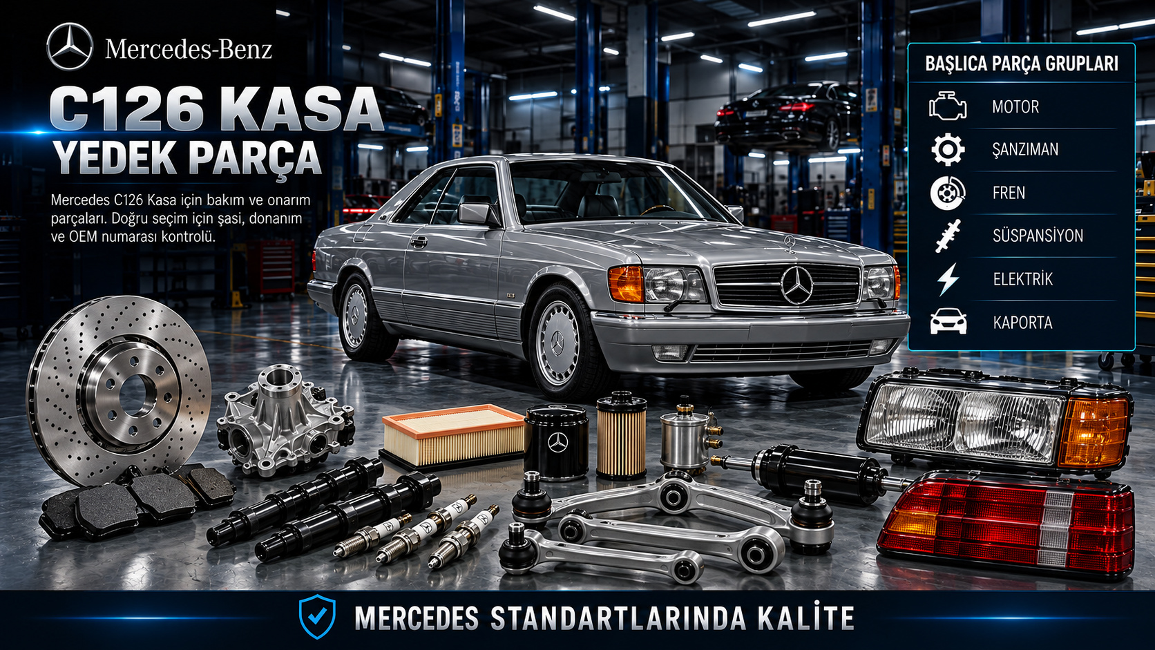 Mercedes C126 SEC coupe benzinli motor, yakıt sistemi, fren, cam ve klasik gövde parçaları