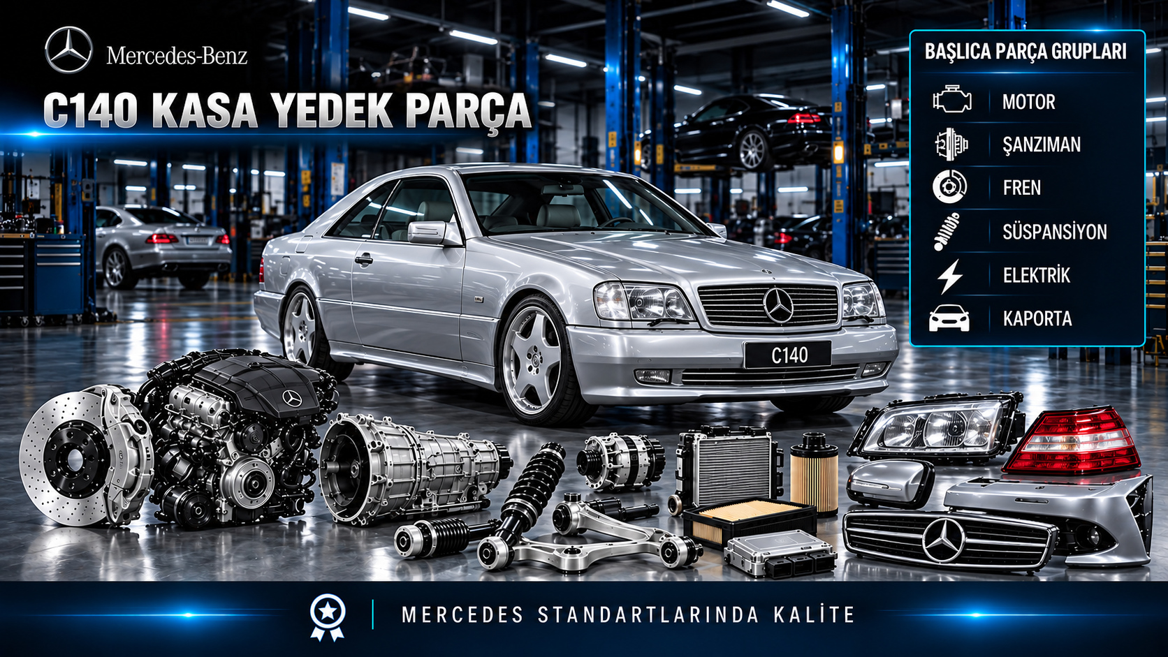 Mercedes CL C140 motor, bakım, fren, süspansiyon, lüks coupe gövde ve konfor parçaları
