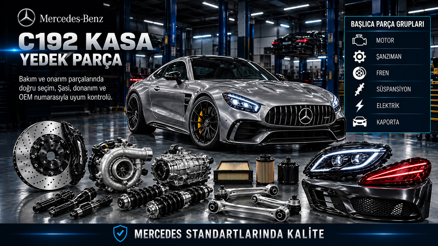 Mercedes AMG GT C192 coupe motor, soğutma, şanzıman, performans frenleri, süspansiyon ve gövde parçaları
