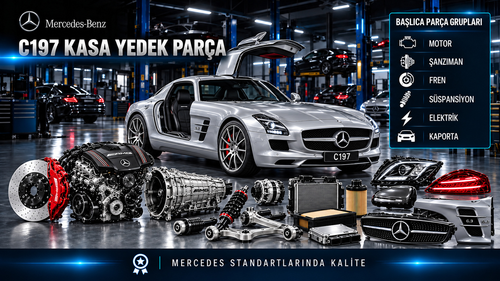 Mercedes SLS AMG C197 performans motoru, fren, aktarma ve gullwing coupe parçaları
