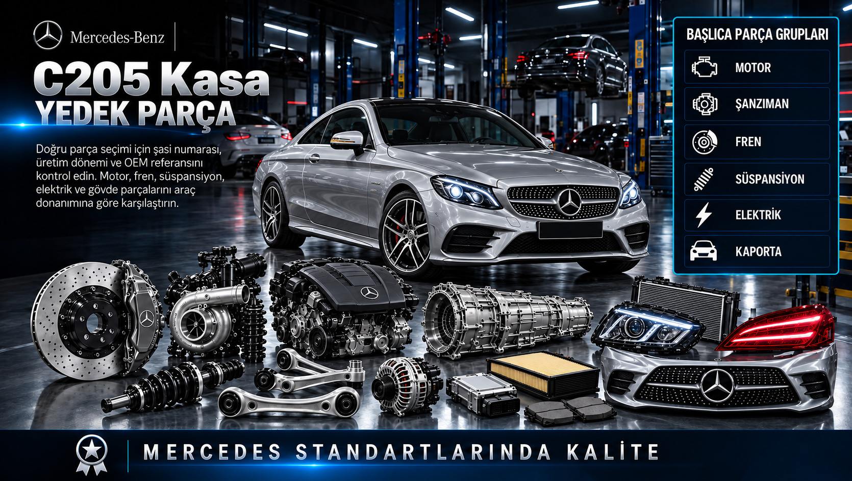 Mercedes C205 coupe motor, şanzıman, kapı, çerçevesiz cam ve gövde parçaları