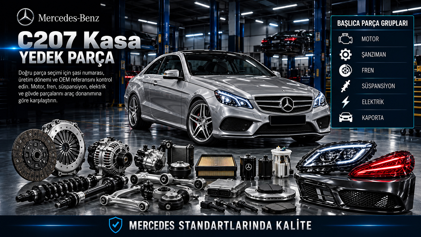 Mercedes C207 E Serisi coupe motor, kapı, çerçevesiz cam ve gövde parçaları