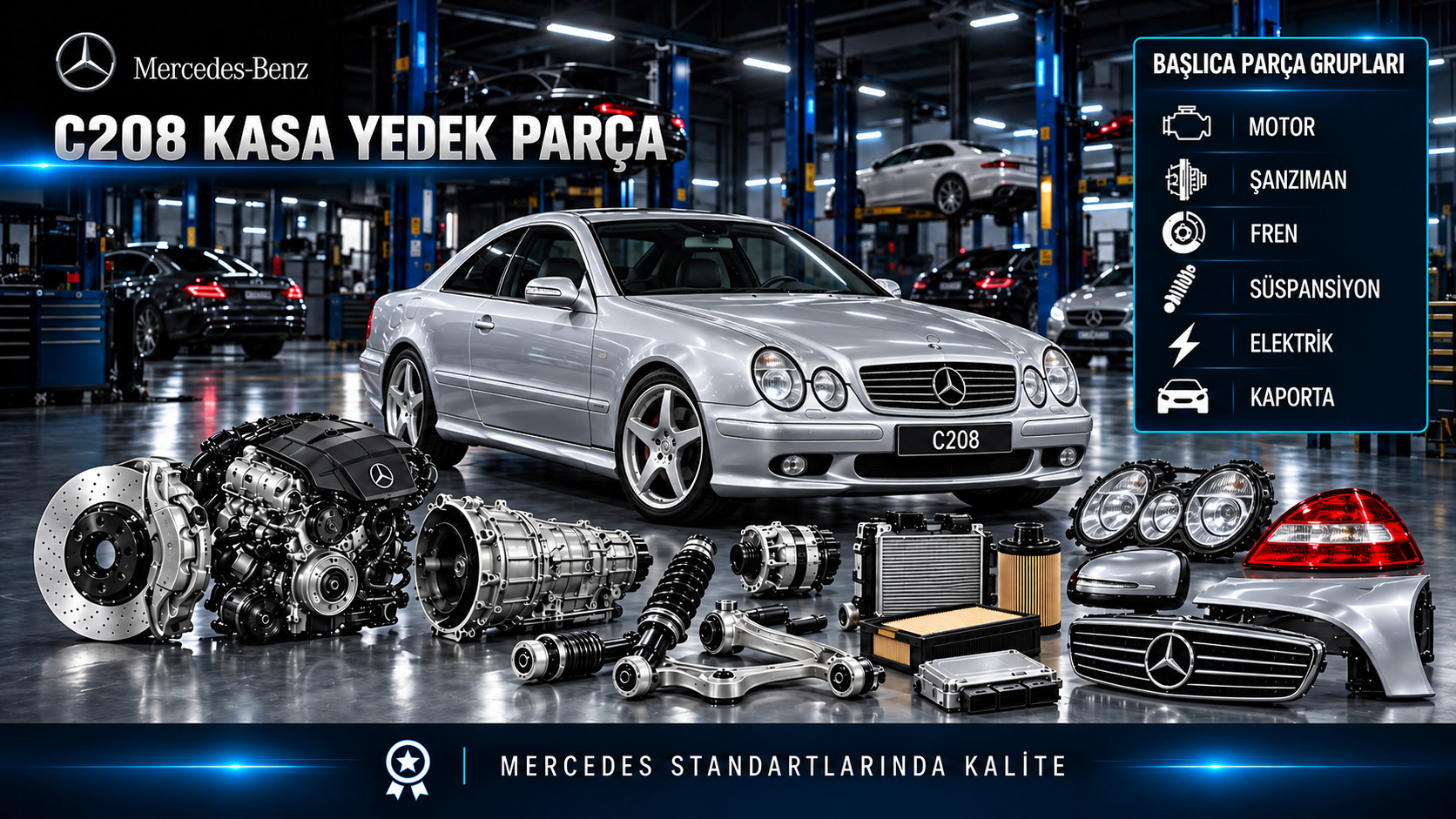 Mercedes CLK C208 coupe motor, bakım, fren, süspansiyon, kapı cam ve fitil parçaları
